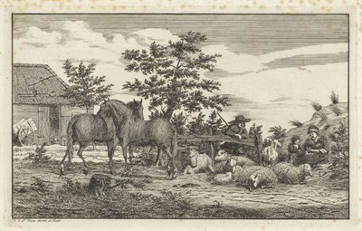 Shepherd with Seated Woman and Children by Sheep and Two Horses by Vincent Jansz. van der Vinne