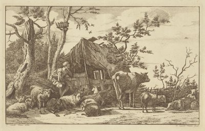 Seated Shepherd with Livestock in Front of a Dilapidated Barn by Vincent Jansz. van der Vinne