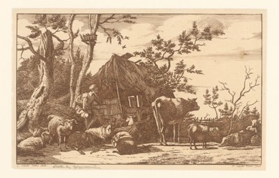 Seated Shepherd with Cattle in Front of a Dilapidated Barn by Vincent Jansz. van der Vinne
