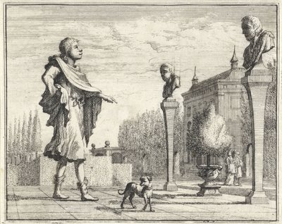 Man by Two Herms in Formal Garden by Vincent Laurensz. van der Vinne (II)