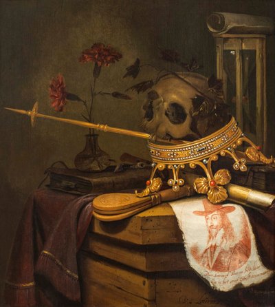 A Vanitas Still Life with a Skull, Crown, Sceptre, Flute, Bellows, Hourglass, Carnations in a Glass Vase, Scroll, Book and an Engraved Portrait of Charles I by Vincent Laurensz van der Vinne