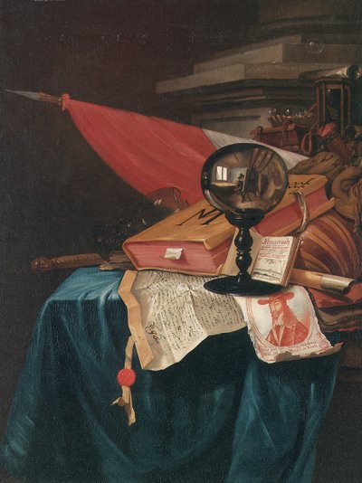 Vanitas Still Life with the Artist at His Easel Reflected in a Crystal Ball by Vincent Laurensz van der Vinne