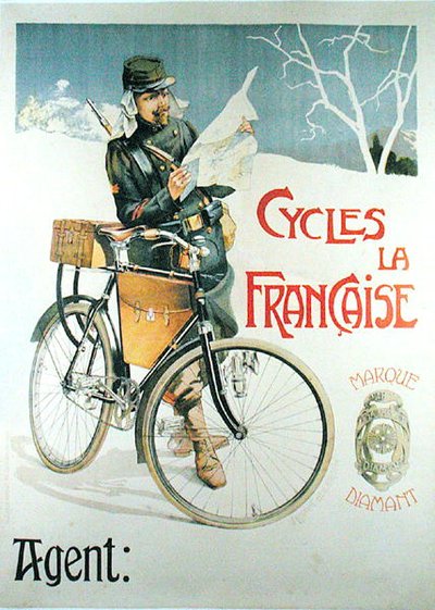 Soldier with his bicycle reading a map, poster advertising the cycles 
