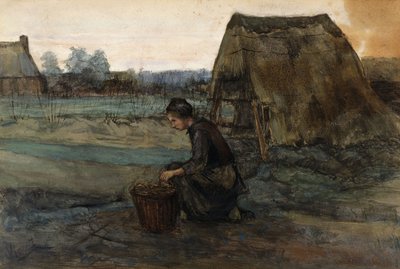 A Kneeling Peasant Woman in Front of a Hut by Vincent van Gogh