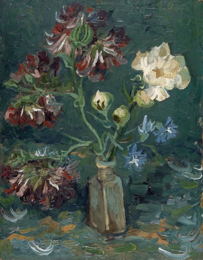 Bottle with Peonies and Blue Delphiniums by Vincent van Gogh