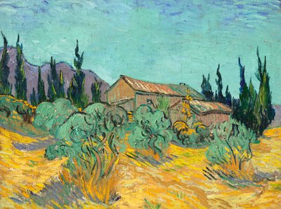 Wooden Huts Among Olive Trees and Cypresses by Vincent van Gogh