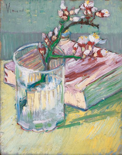 Flowering Almond Branch in a Glass with a Book by Vincent van Gogh