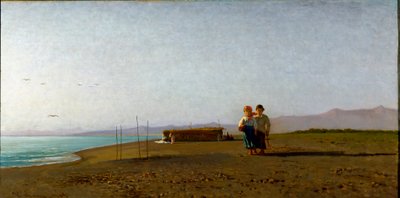 View of the beach in Viareggio the morning sun on the Tuscan coast, two child silhouettes by Vincenzo Cabianca