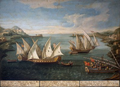 Naval battle between Venetian ships of Marco Ivanovich Dobrota and Turkish ships off Patras on April 17 by Vincenzo Chilone