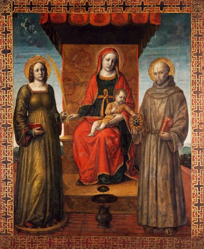 Enthroned Madonna and Child with Saints Bernardino and Catherine of Alexandria, Reverse Side of the Processional Banner of Orzinuovi, by Vincenzo Foppa by Vincenzo Foppa
