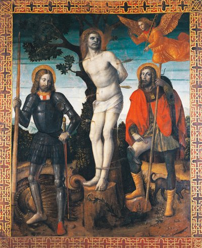 St Sebastian, St Rocco and St Giorgio, reverse side of the processional banner of Orzinuovi by Vincenzo Foppa
