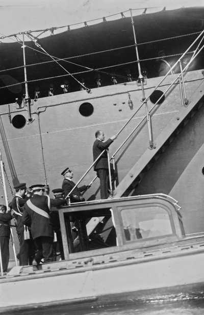 Benito Mussolini in Civilian Clothes on the Ladder of the Real Ferruccio Ship in the Port of Gaeta by Vincenzo Pignatiello