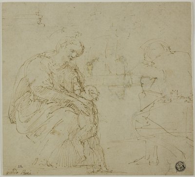 Sketches of Virgin and Child, Seated Figure, and Landscape by Vincenzo Tamagni