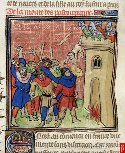 (detail) of a miniature of the Third Crusade of Pastoureaux. Jews throwing their children from a tower by Virgil Master