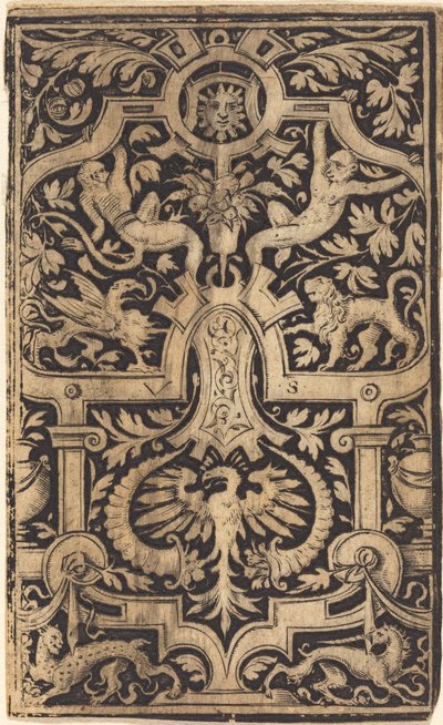 Strapwork and Foliage Ornament on Dark Ground with Monkeys and other Animals by Virgil Solis