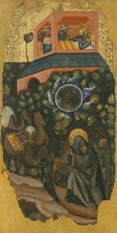 The History of Saint Anthony the Great, A beggar urges the sick King of Palestine to send food to St. Anthony (top); arrival of camels with food (bottom) by Vitale da Bologna