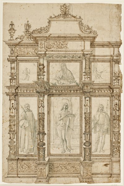Study for an Altarpiece with Six Pictures Set in an Ornate Structure of Frames. Top: The Stigmatisation of St Francis, Madonna and Child, St Jerome in the Wilderness; Bottom: Sts Lawrence, Sebastian and Roch by Vittore Carpaccio