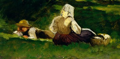 Seated Woman and Boy Lying on the Grass by Vittorio Avondo