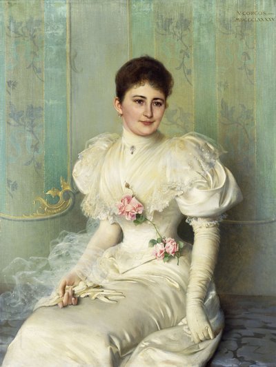 Portrait of a Lady, seated three quarter length, wearing a White Dress by Vittorio Matteo Corcos