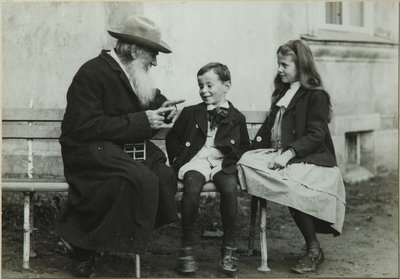 Leo Tolstoy with Grandchildren Leo and Sofia, 1909 by Vladimir Grigorievich Chertkov