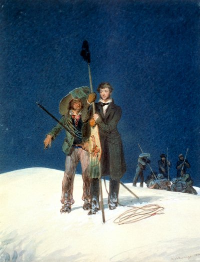 Charles Fellows with William Hawes, plants a baton on the summit of Mont Blanc by WS Hastings