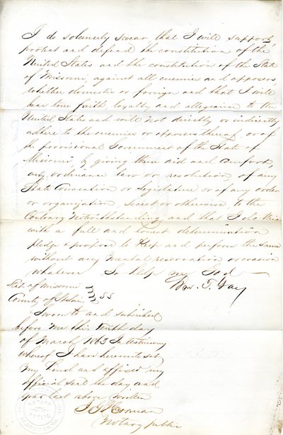 Loyalty oath of Wm. T. Gay of Missouri, County of St. Louis by W.T. Gay