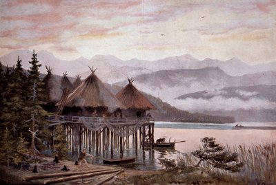 Prehistoric village on stilts on the shores of Lake Zurich in the Stone Age. From a painting by W. Kranz 20th century by W. (after) Kranz