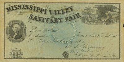 Blank illustrated certificate of contribution for donations made at the Mississippi Valley Sanitary Fair, May 7, 1864 by W. A. Rosecrans