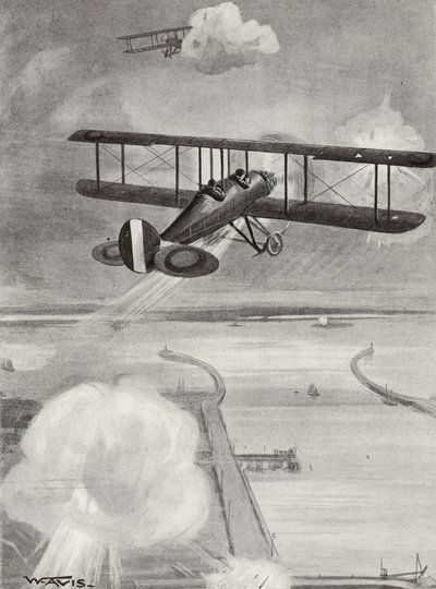 Squadron-Leader Richard Davies and Flight-Lieutenant Richard Peirse Dropping Bombs on the Submarine Station at Zeebrugge Under Heavy Fire, 23 January 1915 by W. Avis