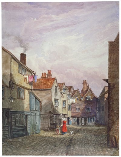 View of a woman and a child walking down Crown Court, Bermondsey, London, c1825 by W Barker