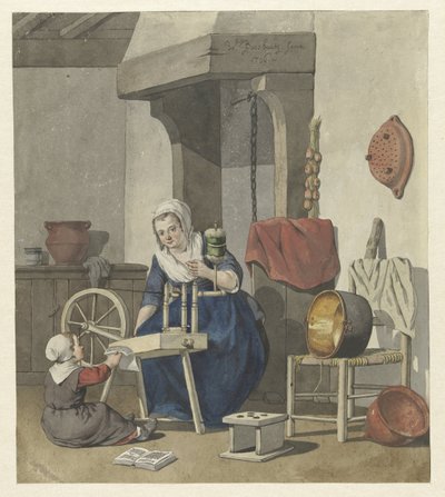 Interior with a spinning woman and a child by W. Barthautz