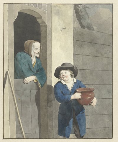Boy with a Pot by a Woman Leaning on a Half-Door by W. Barthautz