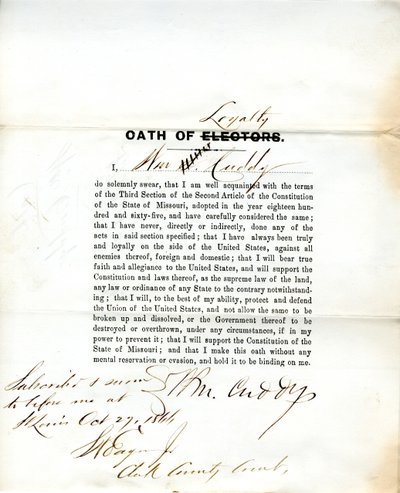Loyalty oath of Wm. Cuddy of Missouri, County of St. Louis by W. Cuddy