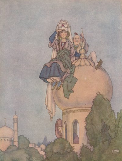 She Sat The Livelong Day Upon the Roof of Her Palace, Expecting Him by William Heath Robinson