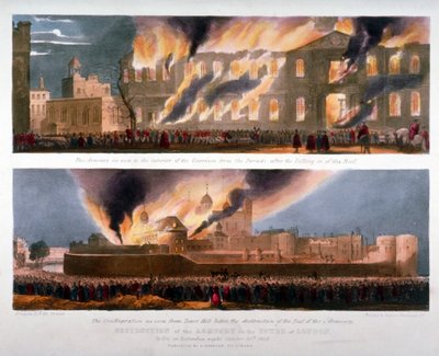 Two Views of the Destruction of the Armoury in the Tower of London by Fire by W Kohler and Co