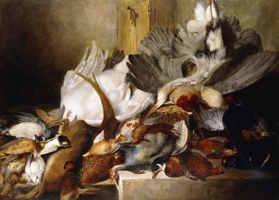 A Still Life of Dead Birds; A Heron Hanging from a Wall, Duck, Pheasant, Partridge, Woodcock, a Swan and a Pigeon with a Hare by W. Oakes
