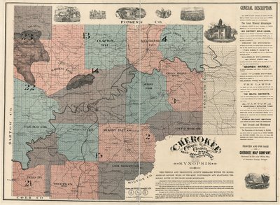 Shows the lot/block numbers and the names of residents. Endorsed as the only official map of Cherokee County. Two sheets joined together to form 1, mounted on cloth. LC Land ownership maps, 87 Includes text and ill. Available also through the Library by W. P. Bullock