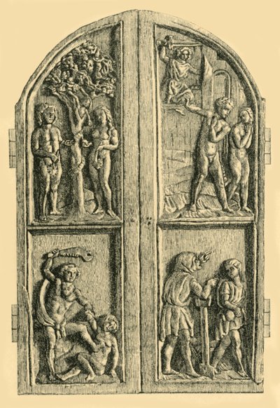 Wooden diptych with scenes from the Book of Genesis, mid 19th century, 1881 by W. Wise