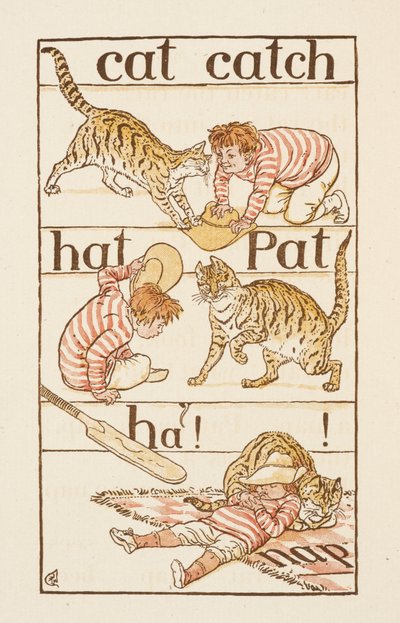A boy playing with a cat. Illustration in 