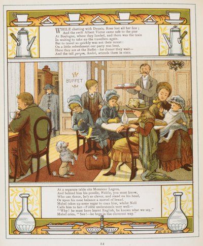 A family having refreshments in a buffet. Colour Illustration from 