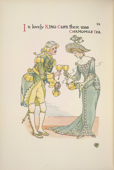 A man and a woman holding cups of chamomile tea by Walter Crane