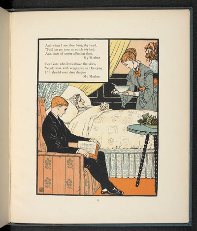 A young man sitting his mother, who is in bed, being fed some soup by Walter Crane