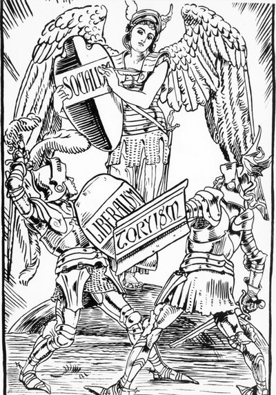 Allegory of Walter Crane: Socialism Triumphs Over the Struggle Between Liberalism and Toryism (English Conservative Party). Engraving from the End of the 19th Century by Walter Crane