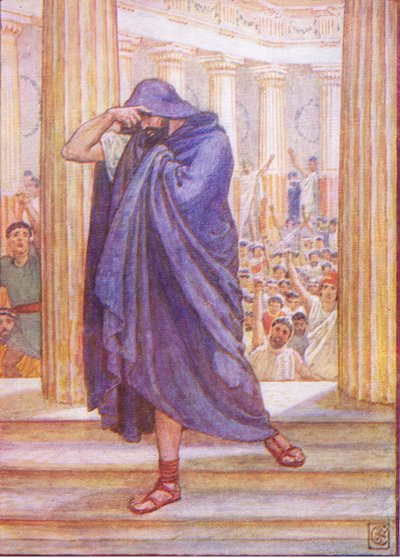 He left the Assembly, hiding his face in his cloak, illustration from The Story of Greece by Walter Crane
