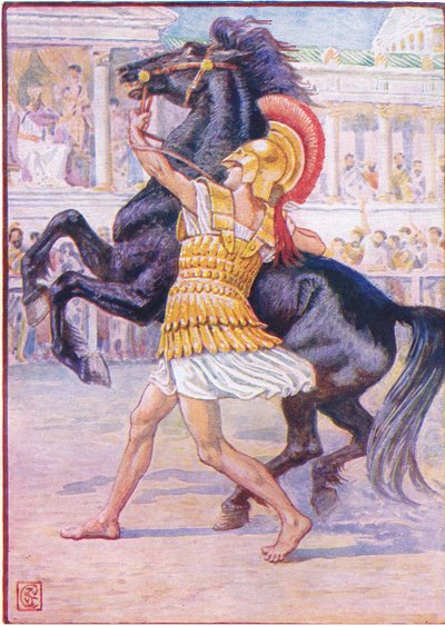 He ran towards the horse and seized the bridle, illustration from The Story of Greece by Walter Crane
