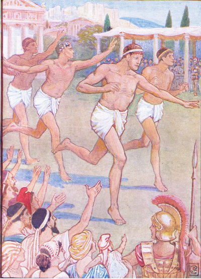 In the earliest times, a simple footrace was the only event, illustration from The Story of Greece by Walter Crane