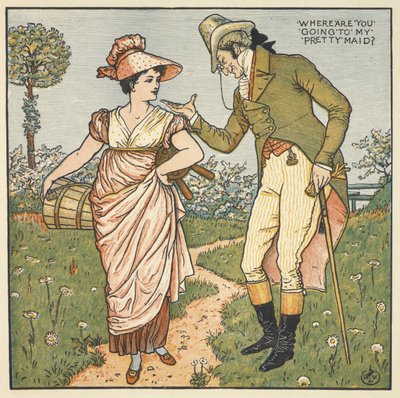 My Pretty Maid. A gentleman talking to a young woman. by Walter Crane