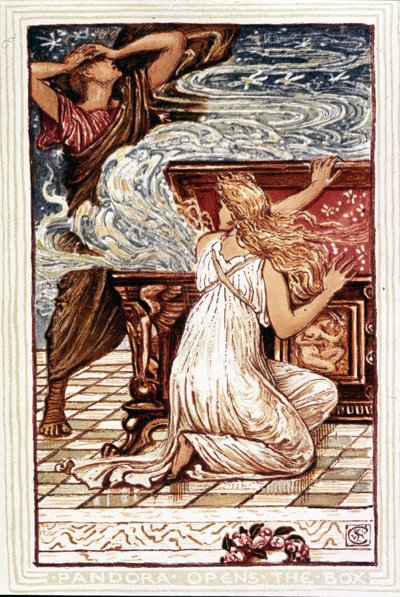 Pandora opening the box. Illustration by Walter Crane for “Wonder book for girls and boys”, London 1893. by Walter Crane