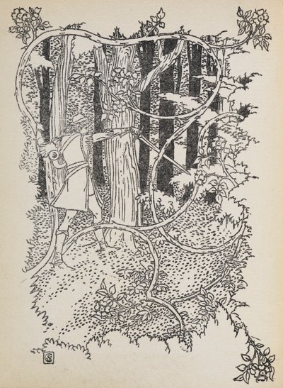 Prince Charming cuts his way through the overgrown forest to Sleeping Beauty by Walter Crane