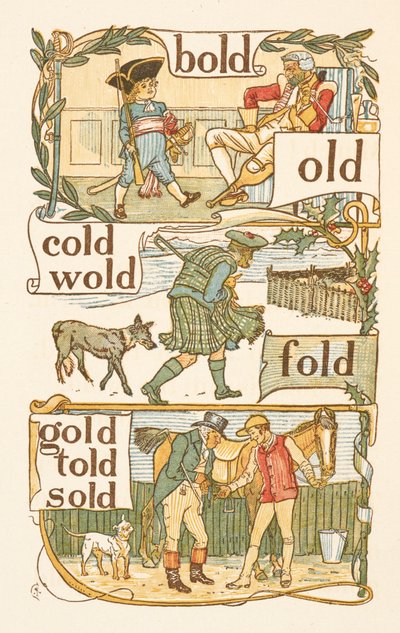 Rhyming words ending in the letter D. A boy dressed as a soldier. A Scotsman. A Jockey. The Golden Primer by Walter Crane